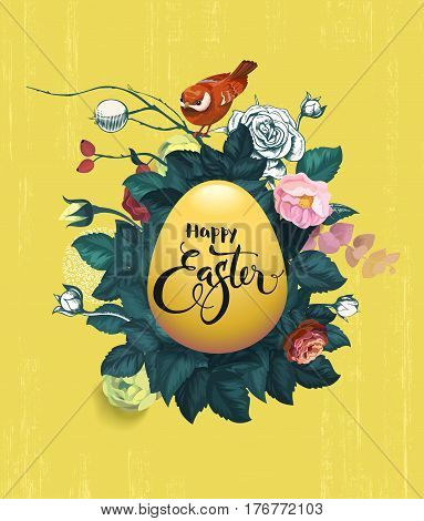 Happy Easter written on golden egg, bush of roses and small red birdie sitting on top of it against grungy yellow background. Festive greeting card. Vector illustration for banner, poster, flyer.