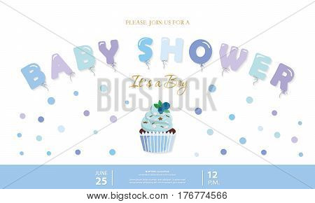 Boy baby shower template. Party invitation card with balloon letters cupcake and confetti. Pastel blue and gold. Vector EPS10.