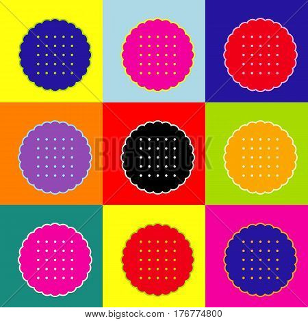 Round biscuit sign. Vector. Pop-art style colorful icons set with 3 colors.