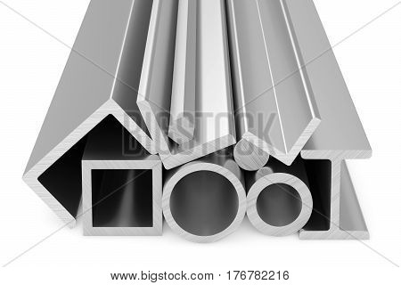 Metallurgical industry products - rolled steel metal products (pipes profiles girders bars balks and armature) on white industrial 3D illustration