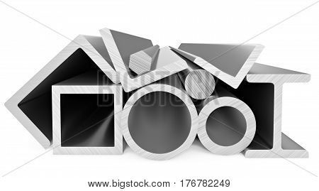 Metallurgical industry products - rolled steel products (pipes profiles girders bars balks and armature) on white industrial 3D illustration