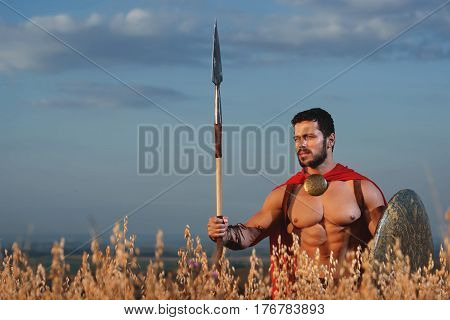 Portrait of handsome brunet soldier with beard in red cloak wearing like spartan holding iron weapon in hands. Warrior with bare torso going in attack with rounded shield. War in field.