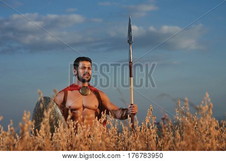 Athletic soldier with beard in red cloak wearing like spartan holding iron weapon in hand. Brunet warrior with bare torso looking away and going in attack with rounded shield and weapon. War in field.