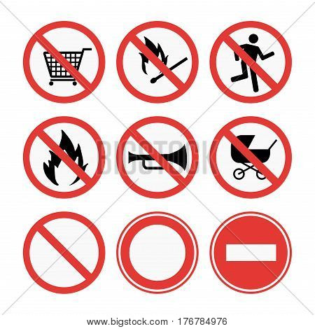 Prohibition signs set vector illustration. Warning danger symbol forbidden safety information. Protection no allowed caution information.