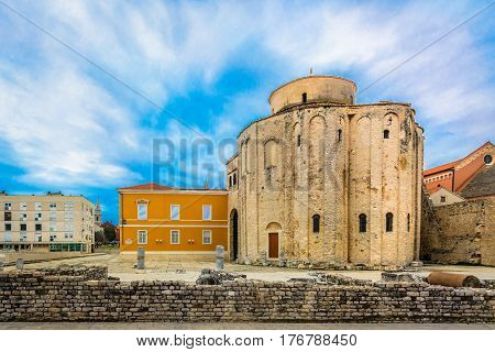 Scenic view at historic ancient Church of St. Donatus in Zadar town, popular touristic sightseeing spot in Croatia, Europe.