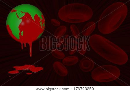 3D.Ilustration.  World Haemophilia day 17 April. Earth globe dripping with blood and blood cells
