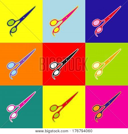 Hair cutting scissors sign. Vector. Pop-art style colorful icons set with 3 colors.