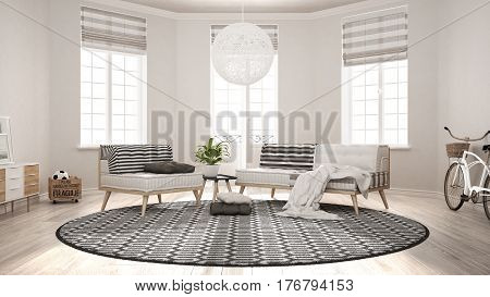 Scandinavian Minimalist Living Room With Sofa, Armchair And Carpet, Modern Interior Design