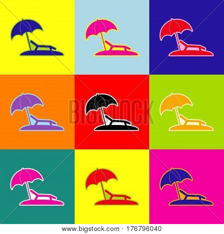 Tropical resort beach. Sunbed Chair sign. Vector. Pop-art style colorful icons set with 3 colors.