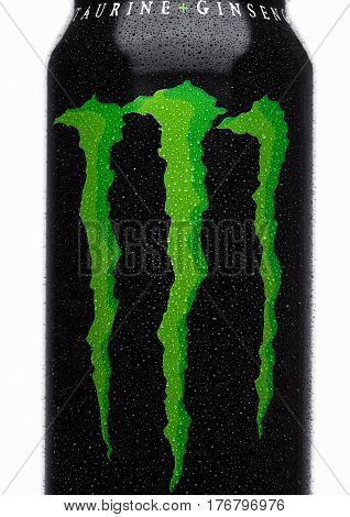 London, Uk - March 15, 2017:  A Can Of Monster Energy Drink On White. Introduced In 2002 Monster Now