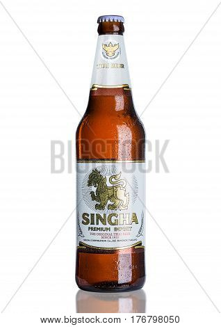 London, Uk - March 15, 2017: Bottle Of Singha Beer , Singha Beer Is Most Popular In Thailand , Rayon