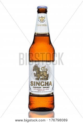 London, Uk - March 15, 2017: Bottle Of Singha Beer , Singha Beer Is Most Popular In Thailand , Rayon