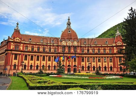 BRASOV ROMANIA - MAY 6: Facade of Brasov county prefecture in city centre of Brasov on May 6 2016. Brasov is a capital of Transylvania province of Romania.