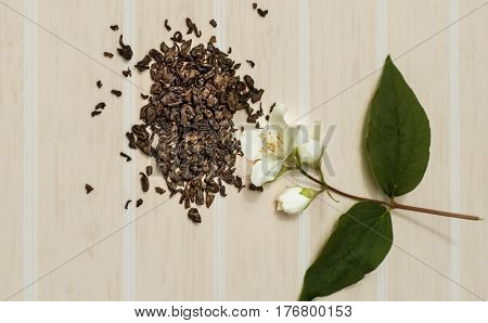 Spilled green tea and a sprig of flowering jasmine