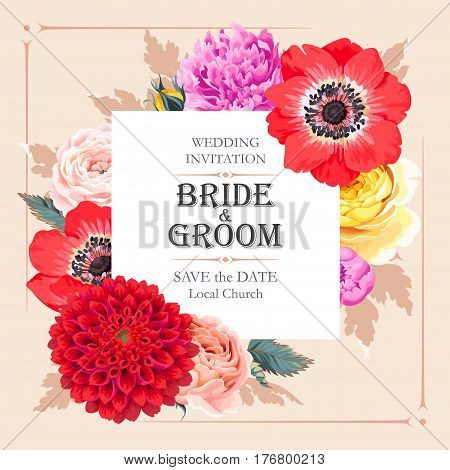 Vector wedding invitation with high detailed flowers
