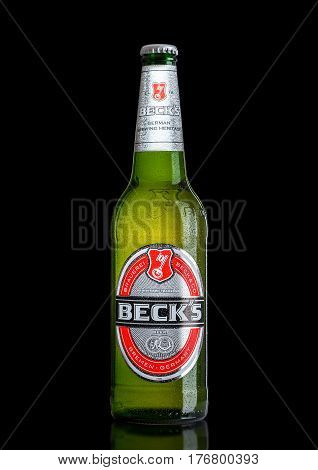 London, Uk - March 15, 2017: Bottle Of Becks Beer On Black Background. Becks Brewery Was Founded In