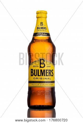 LONDON UK - MARCH 15 2017: Bottle Of Bulmers Original Cider on a white background with reflection. It is one of the leading British cider brands in the UK