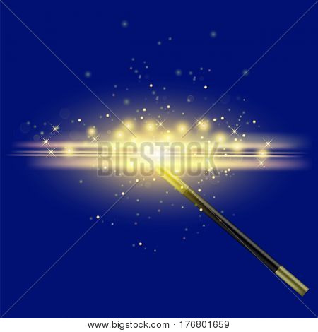 Realistic Magic Wand with Starry Lights on Blue Background