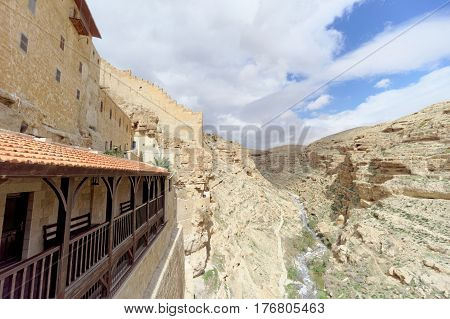 Bethlehem, Israel. - February 14.2017. View of the rocky gorge from the balcony in the Lavra of Savva Sanctified in the Judean Desert