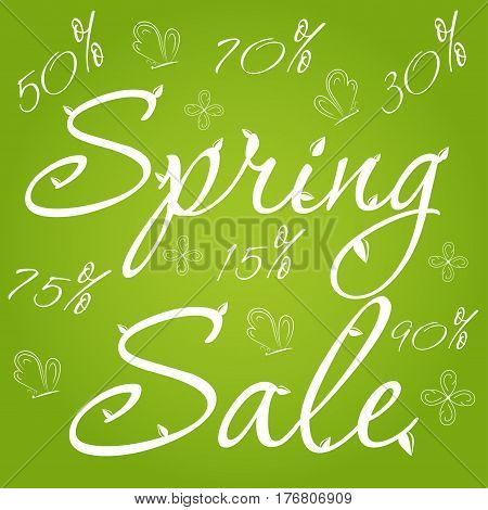 spring sale banner green with leaves butterflies and flowers