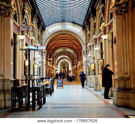 VIENNA AUSTRIA - FEBRUARY 11: Interior of Ferstel Passage in Vienna on February 11 2017.