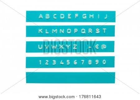 embossed alphabet on cyan plastic tape, isolated on white