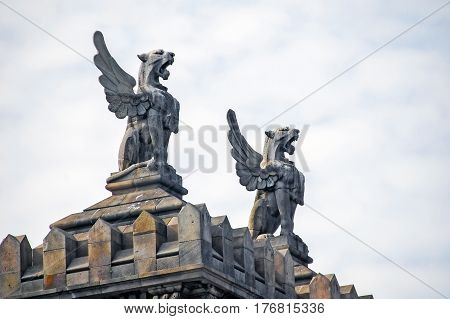 Barcelona, Spain, April 27,  2010. Visiting Mirador De Colom, Detail. This Major Landmark On The Ram