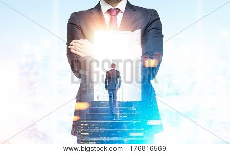 Double exposure of a man climbing the stairs inside a bearded businessman standing in a blue office. 3d rendering double exposure mock up toned image