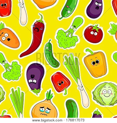 Cartoon vegetable cute characters face seamless vector illustration. Cartoon face food emoji. Vegetable emoticon. Funny food icons.