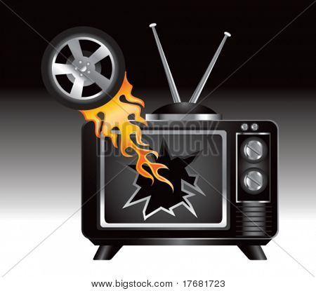 pneu enflammé sortant de l'écran de télévision fissuré
