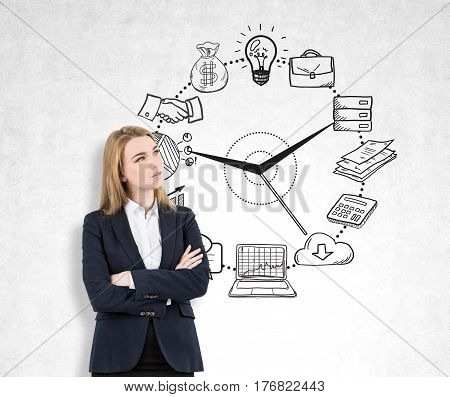 Pensive Woman And Business Clock