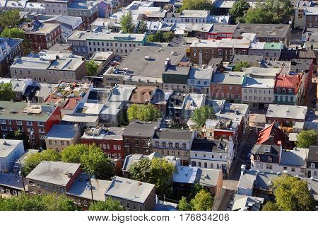 Aerial view of Old Quebec City houses, view from Observatoire de la Capitale, Quebec, Canada.