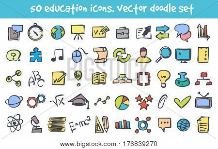 Vector doodle education icons set. Stock cartoon signs for design.