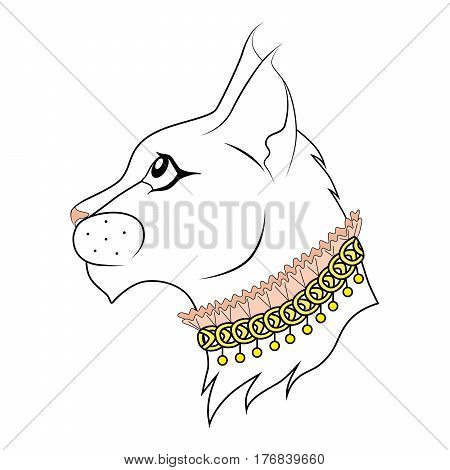 Profile of white cat with tufts on the ears and a rich golden collar with pink lace.