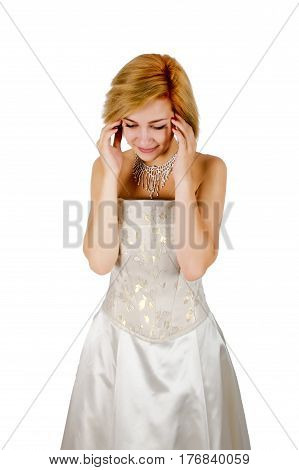 Happy girl in a white evening dress and necklace. Bare shoulders. Isolated on white background