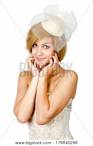 Happy girl in a white evening dress and necklace. Bare shoulders