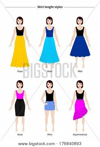 Different skirt length styles guide, vector illustration