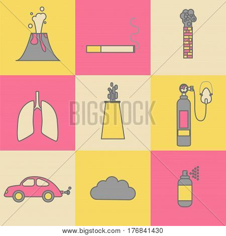 Air pollution icon set. Stock vector illustration of emissions from cars factory household spray volcano smoking.