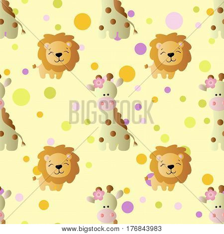 seamless pattern with cartoon cute toy baby giraffe lion and Circles on a light yellow background