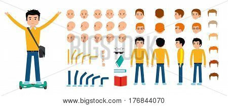 Man character creation set. Young guy, student, teenager. Icons with different types of faces and hair style, emotions, front, rear side view of male person. Moving arms, legs Vector flat illustration