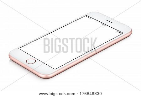 Pink mobile phone mock-up clockwise rotated lies on the surface with blank screen isolated on white background. Use this smartphone mock-up for your web project or design presentation.