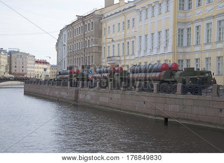 SAINT PETERSBURG, RUSSIA - MAY 05, 2015: A column of rocket launchers air defense missile systems s-300PM on the embankment of the Moika river before the rehearsal of parade in honor of Victory Day in St. Petersburg