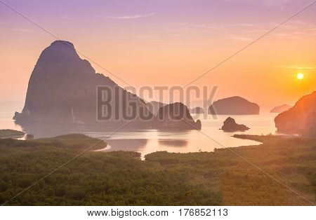Amazing view and colorful sunrise at Sa Met Nang She in Phang Nga bay, Thailand