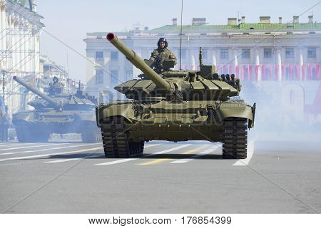 SAINT PETERSBURG, RUSSIA - MAY 05, 2015: T-90 tank at the rehearsal of the Victory parade