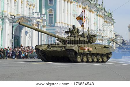 SAINT PETERSBURG, RUSSIA - MAY 05, 2015: T-90 tank closeup. Rehearsal of the Victory parade in St. Petersburg