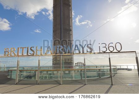 BRIGHTON GREAT BRITAIN - FEB 24 2017: The attraction British Airways i360 at the Brighton beach. February 24 2017 in Brighton Great Britain