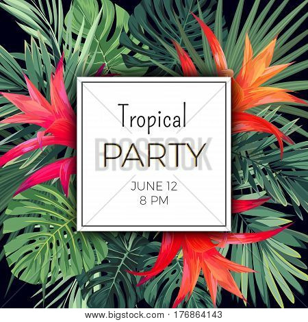 Hawaiian floral banner template for summer beach party. Tropical flyer with green exotic plants and red flowers, vector illustration.