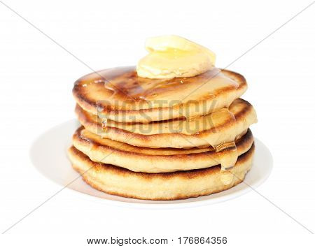 A pancake is a flat cake often thin and round prepared from a starch-based batter that may also contain eggs milk and butter and cooked on a hot surface such as a griddle or frying pan often with oil or butter. They may be served at any time with a variet
