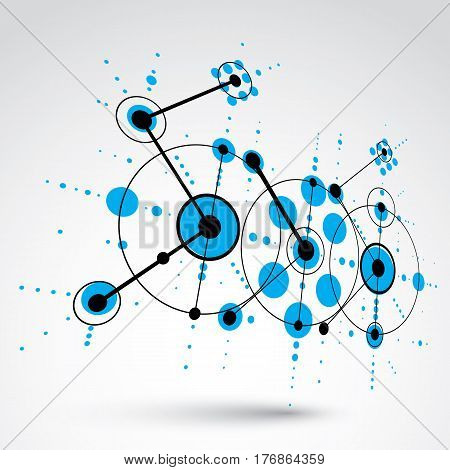 Bauhaus art dimensional composition perspective blue modular vector backdrop with circles and grid. Retro style pattern graphic backdrop for use as booklet cover template.