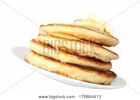 A pancake is a flat cake often thin and round prepared from a starch-based batter that may also contain eggs milk and butter and cooked on a hot surface such as a griddle or frying pan often with oil or butter. They may be served at any time with a variet